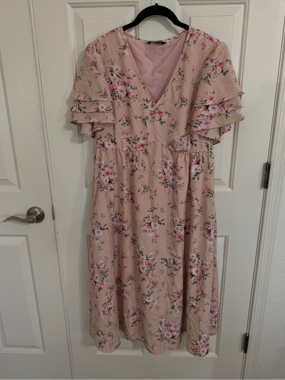 BloomChic 10 Pink Floral Midi Dress Ruffle Flutter Sleeve Pockets Cottagecore